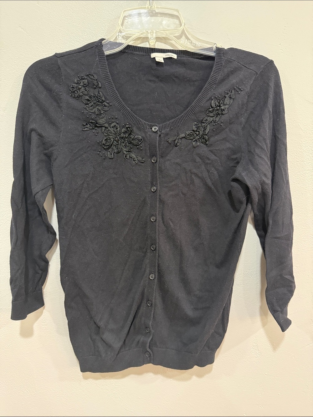 Halogen button down sweater with floral beaded design black size small